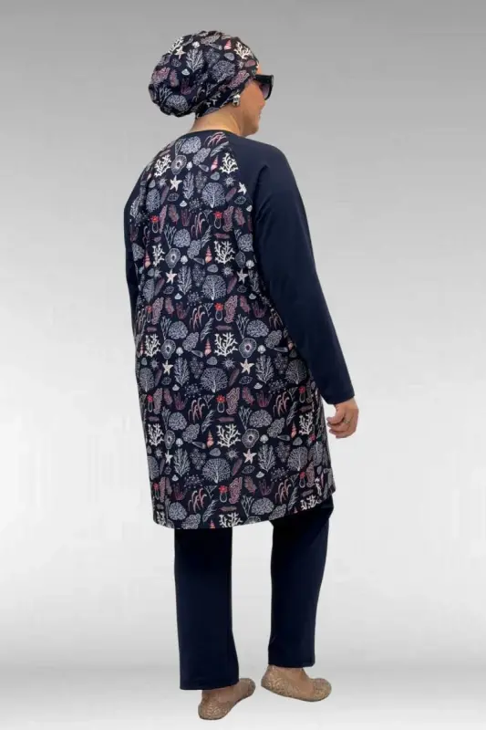 1742 Büyük Beden Uzunkol Tesettür Mayo Takım - Karışık Desen Laci - 3