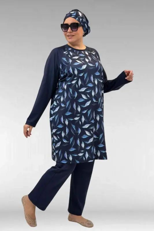 1742 Büyük Beden Uzunkol Tesettür Mayo Takım - Laci Yaprak Desenli-Laci - BÜYÜKBEDENIZ