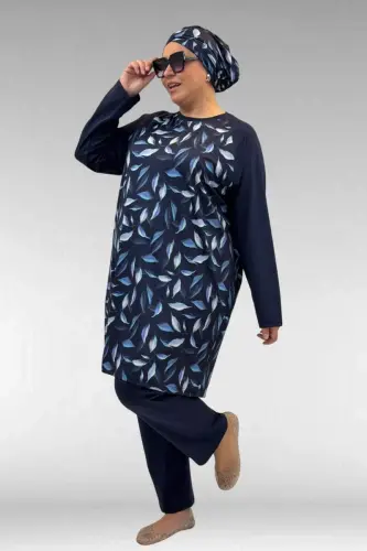 1742 Büyük Beden Uzunkol Tesettür Mayo Takım - Laci Yaprak Desenli-Laci - BÜYÜKBEDENIZ (1)