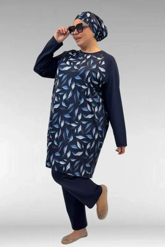 1742 Büyük Beden Uzunkol Tesettür Mayo Takım - Laci Yaprak Desenli-Laci - 2