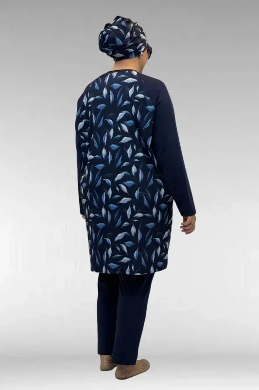 1742 Büyük Beden Uzunkol Tesettür Mayo Takım - Laci Yaprak Desenli-Laci - 3