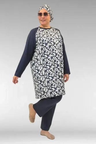 1742 Büyük Beden Uzunkol Tesettür Mayo Takım - Yaprak Desen Ekru - 1