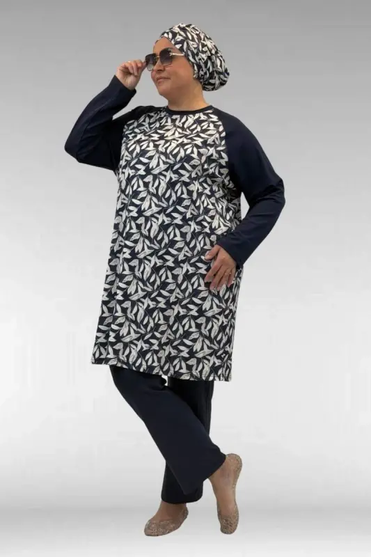 1742 Büyük Beden Uzunkol Tesettür Mayo Takım - Yaprak Desen Ekru - 2