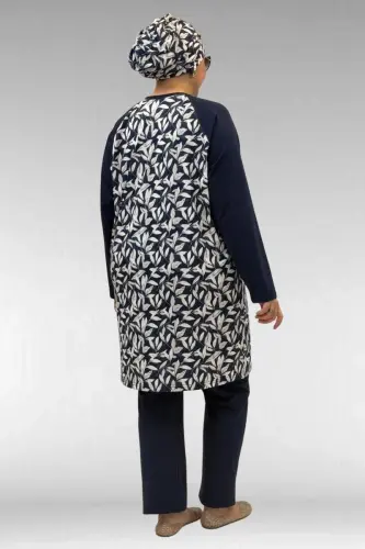 1742 Büyük Beden Uzunkol Tesettür Mayo Takım - Yaprak Desen Ekru - 3