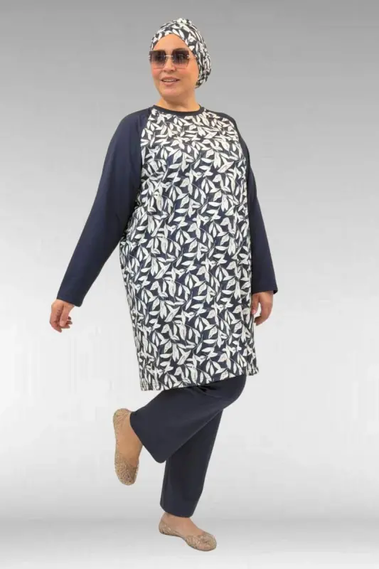 1742 Büyük Beden Uzunkol Tesettür Mayo Takım - Yaprak Desen Ekru - 1