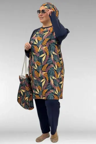 1742 Büyük Beden Uzunkol Tesettür Mayo Takım - Yaprak Desen Hardal - BÜYÜKBEDENIZ (1)