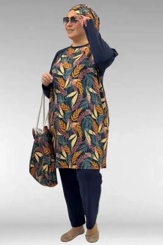1742 Büyük Beden Uzunkol Tesettür Mayo Takım - Yaprak Desen Hardal - 2