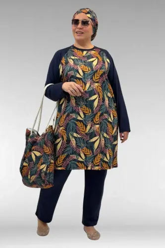 1742 Büyük Beden Uzunkol Tesettür Mayo Takım - Yaprak Desen Hardal - 1