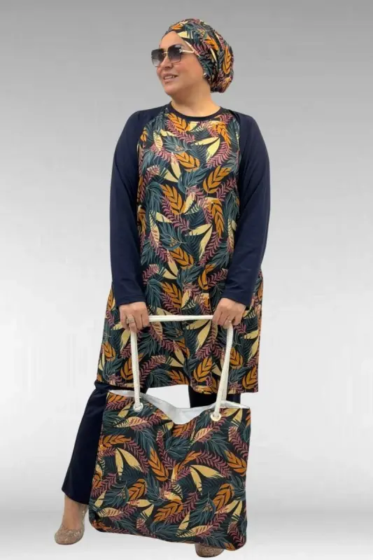 1742 Büyük Beden Uzunkol Tesettür Mayo Takım - Yaprak Desen Hardal - 3