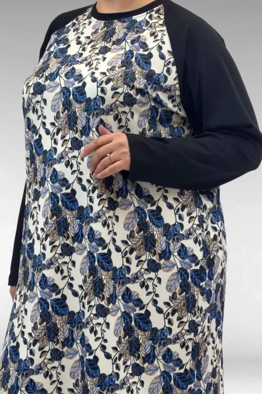 1742 Büyük Beden Uzunkol Tesettür Mayo Takım - Yaprak Desen Mavi - 2