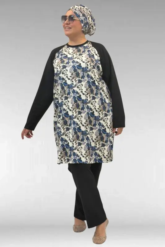 1742 Büyük Beden Uzunkol Tesettür Mayo Takım - Yaprak Desen Mavi - BÜYÜKBEDENIZ