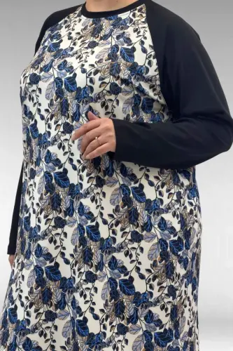 1742 Büyük Beden Uzunkol Tesettür Mayo Takım - Yaprak Desen Mavi - BÜYÜKBEDENIZ (1)