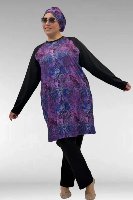 1742 Büyük Beden Uzunkol Tesettür Mayo Takım - Yaprak Desen Mor - 1