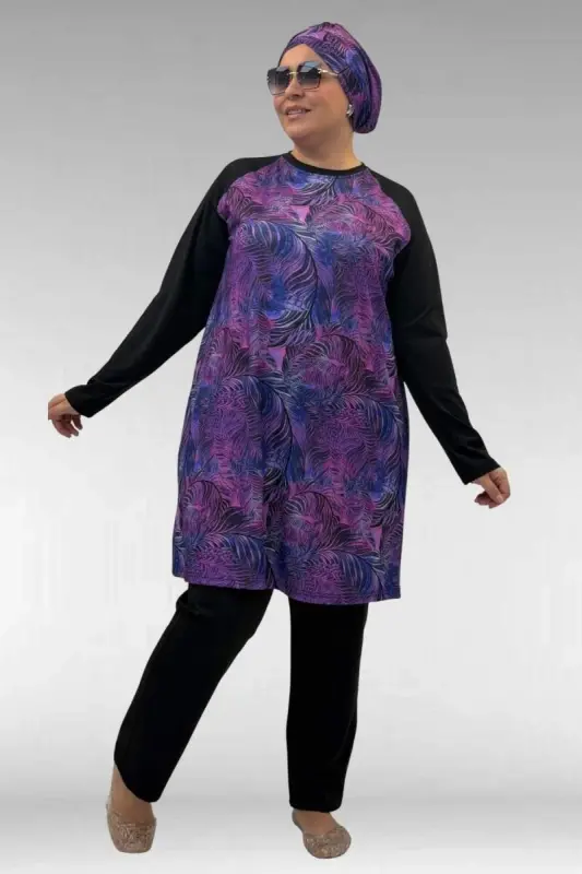 1742 Büyük Beden Uzunkol Tesettür Mayo Takım - Yaprak Desen Mor - 2
