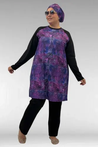 1742 Büyük Beden Uzunkol Tesettür Mayo Takım - Yaprak Desen Mor - BÜYÜKBEDENIZ (1)