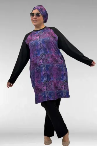 1742 Büyük Beden Uzunkol Tesettür Mayo Takım - Yaprak Desen Mor - 1