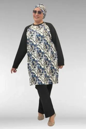 1742 Plus Size Long Sleeve Modest Swimsuit Set - Leaf Pattern Blue - 1