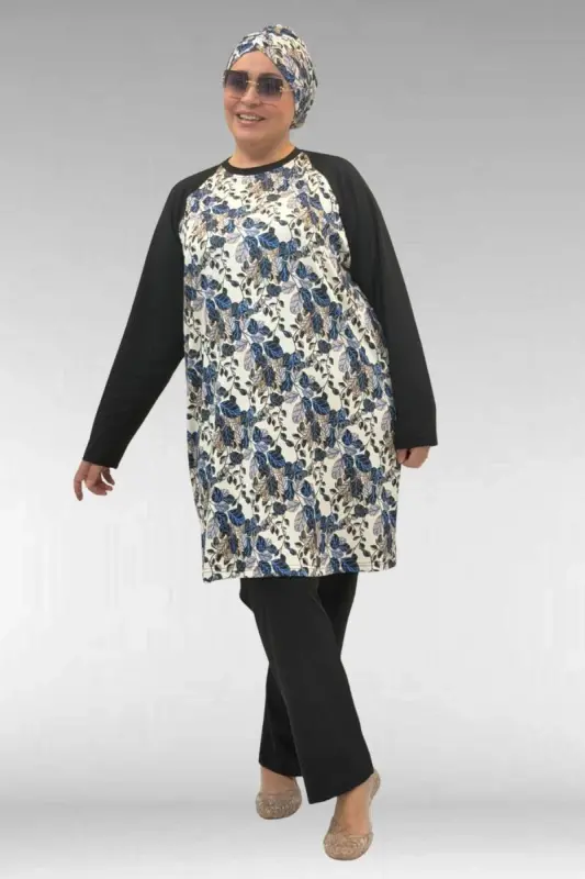 1742 Plus Size Long Sleeve Modest Swimsuit Set - Leaf Pattern Blue - 1