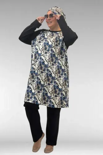1742 Plus Size Long Sleeve Modest Swimsuit Set - Leaf Pattern Blue - 3