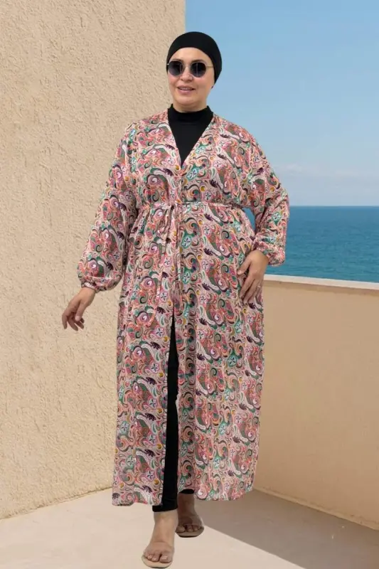 1743 Plus Size Mixed Patterned Elastic Arm Pareo - Floral Pattern Powder - 2