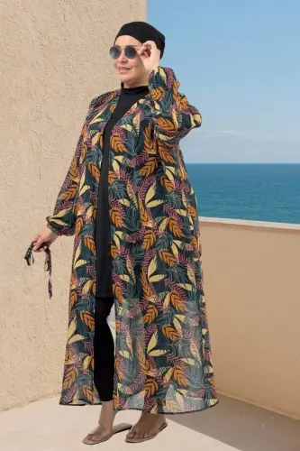 1743 Plus Size Mixed Patterned Elastic Arm Pareo - Leaf Pattern Mustard - BÜYÜKBEDENIZ (1)