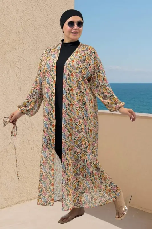 1743 Plus Size Mixed Patterned Elastic Sleeve Pareo - Leaf Pattern Cream - 1