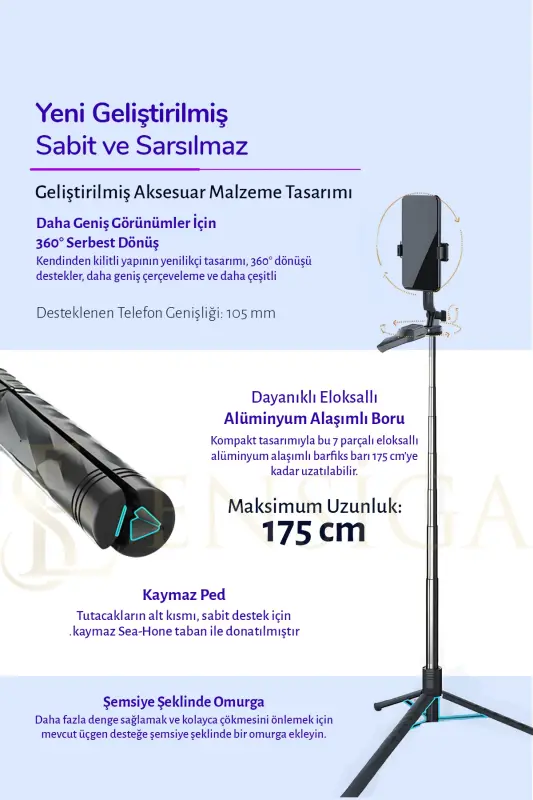 175 Cm Uzaktan Kumandalı Canlı Yayın Bluetooth Standlı Selfie Çubuğu Tripod - K28 - 7