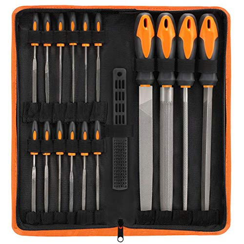 17Pcs File Tool Set with Carry Case,Premium Grade T12 Drop Forged Alloy Steel, Precision Flat/Triangle/Half-round/Round Large File and 12pcs Needle Files/1 brush - VUDAMAI