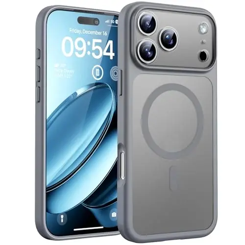 17Pro Kılıfı için TOCOL, Tam Kamera Koruması, Dahili Manyetik Halka, Magsafe Şarj Cihazı ile Uyumlu, Düşme Koruması, 17 Pro 6.3 inç için Yarı Saydam Mat Telefon Kılıfı (Gri) 