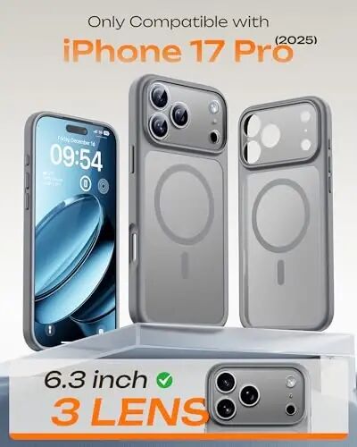 17Pro Kılıfı için TOCOL, Tam Kamera Koruması, Dahili Manyetik Halka, Magsafe Şarj Cihazı ile Uyumlu, Düşme Koruması, 17 Pro 6.3 inç için Yarı Saydam Mat Telefon Kılıfı (Gri) - 2