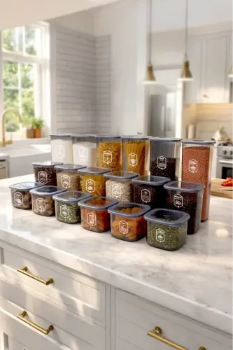 18-Piece Labelled Square Food Storage Container Set x6 (550ml-1200ml-1750ml) Hard Lidded Jar 