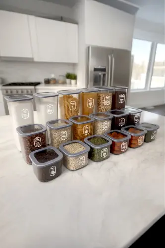 18-Piece Labelled Square Food Storage Container Set x6 (550ml-1200ml-1750ml) Hard Lidded Jar - KITCHEN LIFE (1)