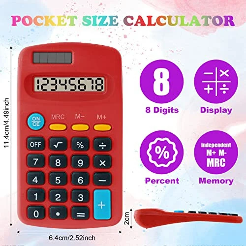 18 Pieces Pocket Calculator,Pocket Size Mini Calculators,8 Digit Display Basic Calculator,Solar Battery Dual Power Desktop Calculators for Students Kids Home Office (Multicolor, 18 Pieces) - 3