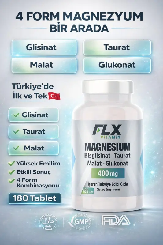 180 Tablet Magniy Bisglitsinat Malat Taurat Glyukonat Magniy Elementlari 400 Mg - 1