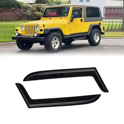 CMVT Auto Window Visor for 1997-2006 Jeep Wrangler (TJ) 2-Door, Out-Channel Rain Guards Shields Vent Deflector Shade Wind Dark Smoke, Tape-On Outside-Mount, 2PCS 