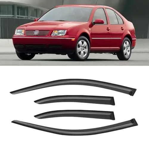 Window Visor for 1999-2005 Volkswagen VW Jetta, Out-Channel Rain Guards Shields Vent Deflector Shade Wind Dark Smoke 2000 2001 2002 2003 2004, Tape-On Outside-Mount, 4PCS 