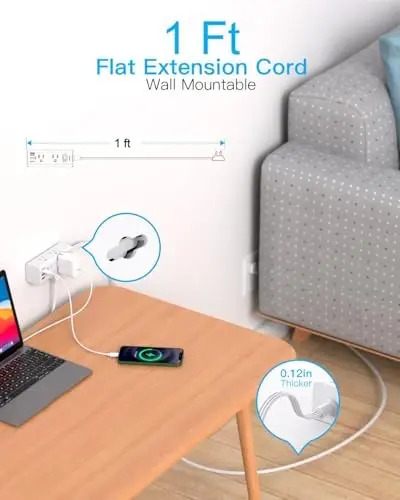 1Ft Extension Cord with Multiple Outlets, Flat Plug Power Strip Surge Protector with 1 Ft Cord, 6 Outlet 3 USB Ports (1 USB C), Multi Outlet Wall Plug for Travel, College, Dorm Room Essentials - 2