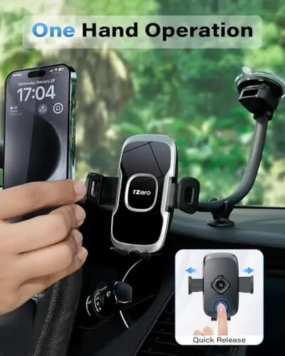 1Zero Solid Car Truck Phone Mount Holder with 14-Inch Gooseneck Long Arm, Windshield Window Mobile Holders w/Industrial-Strength Suction Cup, Anti-Shake Stabilizer Compatible All Cell Phones iPhone - 3