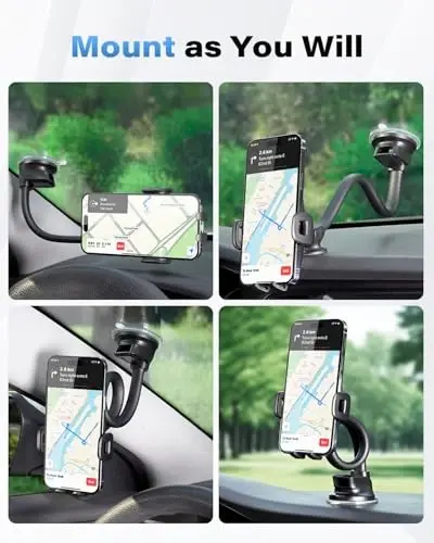 1Zero Solid Car Truck Phone Mount Holder with 14-Inch Gooseneck Long Arm, Windshield Window Mobile Holders w/Industrial-Strength Suction Cup, Anti-Shake Stabilizer Compatible All Cell Phones iPhone - 5