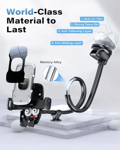 1Zero Solid Car Truck Phone Mount Holder with 14-Inch Gooseneck Long Arm, Windshield Window Mobile Holders w/Industrial-Strength Suction Cup, Anti-Shake Stabilizer Compatible All Cell Phones iPhone - 6