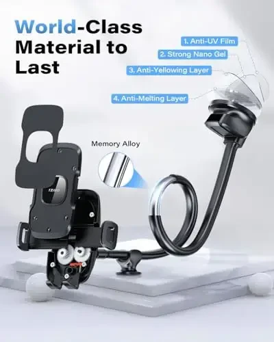 1Zero Solid Car Truck Phone Mount Holder with 14-Inch Gooseneck Long Arm, Windshield Window Mobile Holders w/Industrial-Strength Suction Cup, Anti-Shake Stabilizer Compatible All Cell Phones, Black - 6