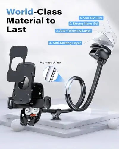 1Zero Solid Car Truck Phone Mount Holder with 14-Inch Gooseneck Long Arm, Windshield Window Mobile Holders w/Industrial-Strength Suction Cup, Anti-Shake Stabilizer Compatible All Cell Phones, Black - 6