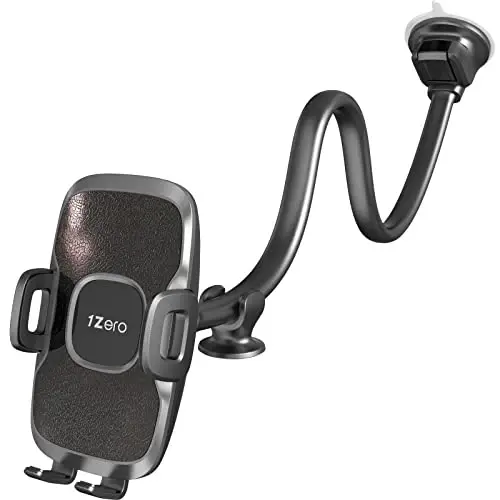 1Zero Solid Car Truck Phone Mount Holder with 14-Inch Gooseneck Long Arm, Windshield Window Mobile Holders w/Industrial-Strength Suction Cup, Anti-Shake Stabilizer Compatible All Cell Phones, Black - 1
