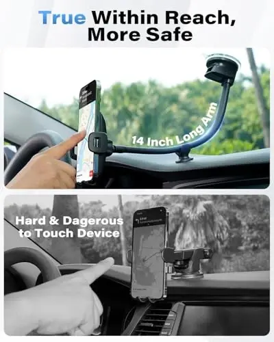 1Zero Solid Car Truck Phone Mount Holder with 14-Inch Gooseneck Long Arm, Windshield Window Mobile Holders w/Industrial-Strength Suction Cup, Anti-Shake Stabilizer Compatible All Cell Phones, Black - 2
