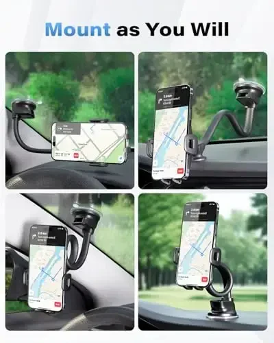 1Zero Solid Car Truck Phone Mount Holder with 14-Inch Gooseneck Long Arm, Windshield Window Mobile Holders w/Industrial-Strength Suction Cup, Anti-Shake Stabilizer Compatible All Cell Phones, Black - 5