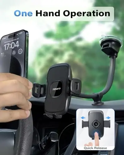 1Zero Solid Car Truck Phone Mount Holder with 14-Inch Gooseneck Long Arm, Windshield Window Mobile Holders w/Industrial-Strength Suction Cup, Anti-Shake Stabilizer Compatible All Cell Phones, Black - 3