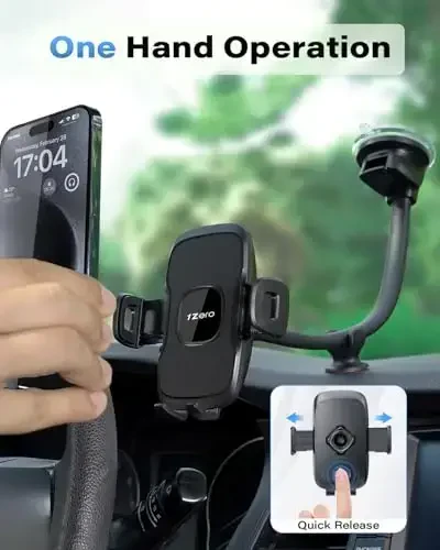1Zero Solid Car Truck Phone Mount Holder with 14-Inch Gooseneck Long Arm, Windshield Window Mobile Holders w/Industrial-Strength Suction Cup, Anti-Shake Stabilizer Compatible All Cell Phones, Black - 3