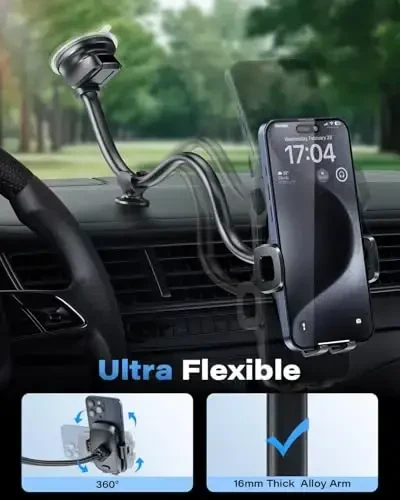 1Zero Solid Car Truck Phone Mount Holder with 14-Inch Gooseneck Long Arm, Windshield Window Mobile Holders w/Industrial-Strength Suction Cup, Anti-Shake Stabilizer Compatible All Cell Phones iPhone - 4