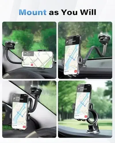 1Zero Solid Car Truck Phone Mount Holder with 14-Inch Gooseneck Long Arm, Windshield Window Mobile Holders w/Industrial-Strength Suction Cup, Anti-Shake Stabilizer Compatible All Cell Phones iPhone - 5