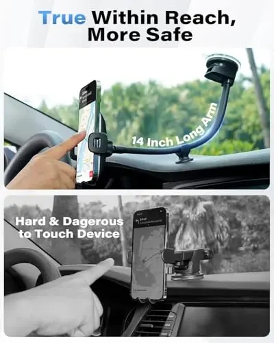 1Zero Solid Car Truck Phone Mount Holder with 14-Inch Gooseneck Long Arm, Windshield Window Mobile Holders w/Industrial-Strength Suction Cup, Anti-Shake Stabilizer Compatible All Cell Phones iPhone - 2